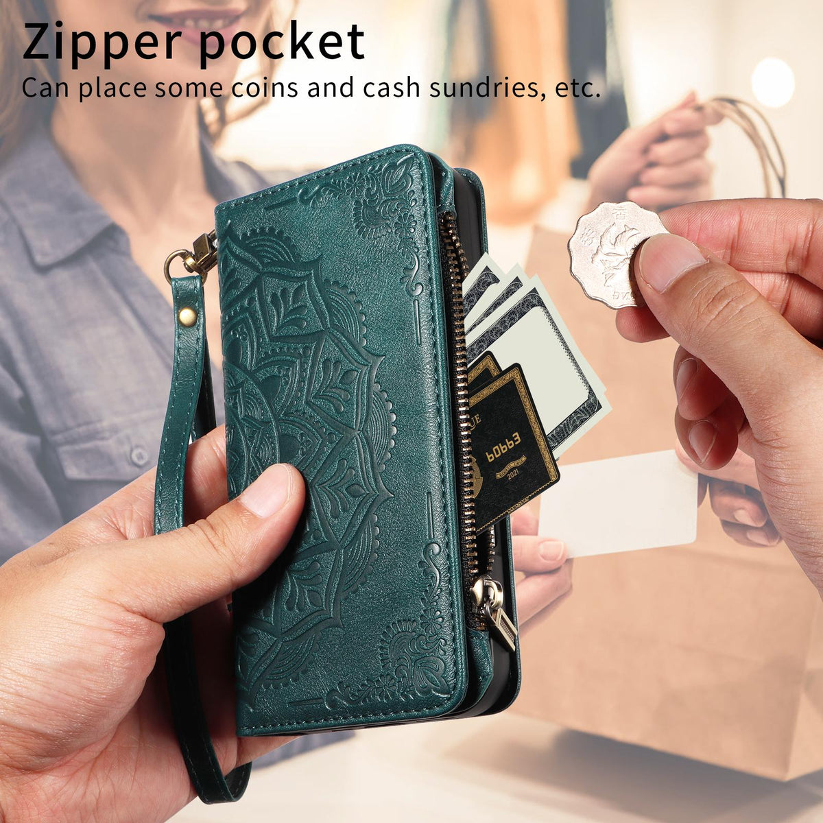 Compatible with iPhone 18 Pro & 17 Pro Mandala Embossed 9-Card Zipper RFID Vegan Leather Phone Case with Short Lanyard - Green