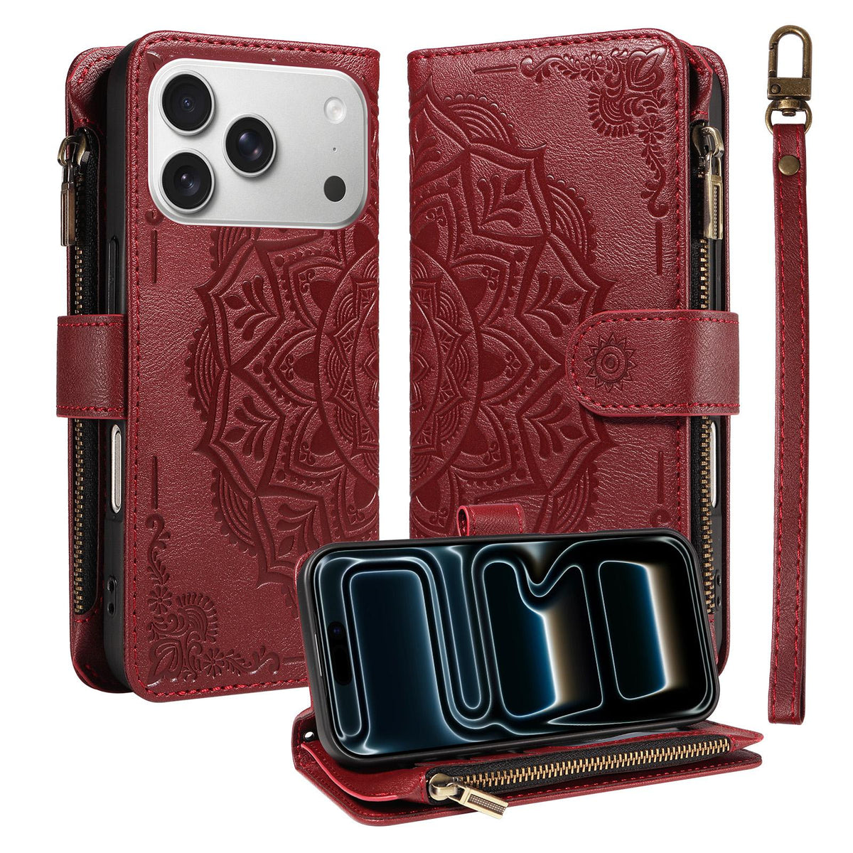 Compatible with iPhone 18 Pro & 17 Pro Mandala Embossed 9-Card Zipper RFID Vegan Leather Phone Case with Short Lanyard - Wine Red
