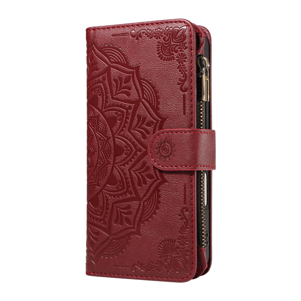Compatible with iPhone 18 Pro & 17 Pro Mandala Embossed 9-Card Zipper RFID Vegan Leather Phone Case with Short Lanyard - Wine Red