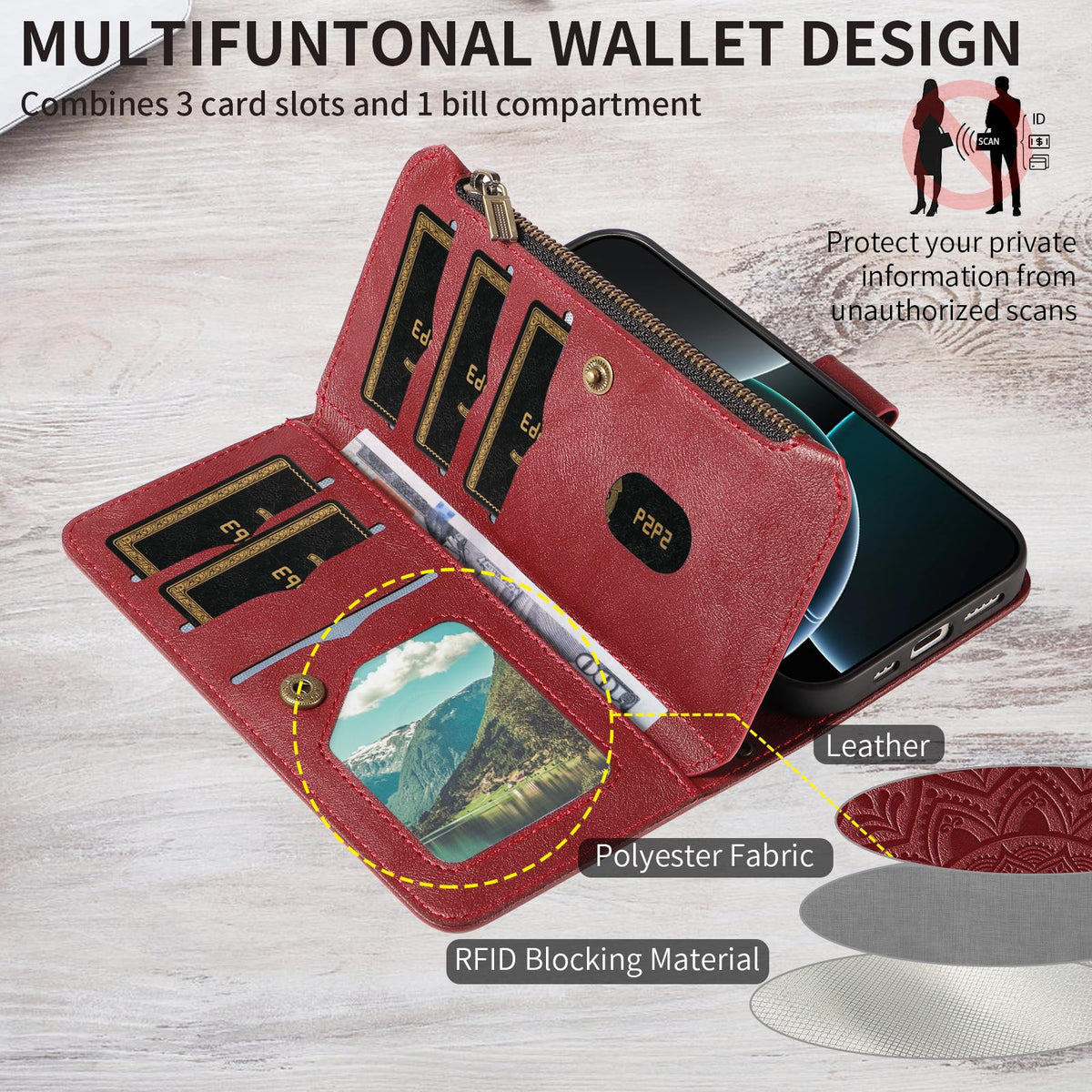Compatible with iPhone 18 Pro & 17 Pro Mandala Embossed 9-Card Zipper RFID Vegan Leather Phone Case with Short Lanyard - Wine Red
