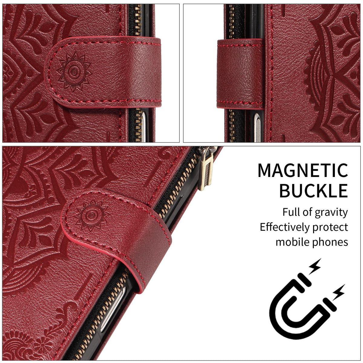 Compatible with iPhone 18 Pro & 17 Pro Mandala Embossed 9-Card Zipper RFID Vegan Leather Phone Case with Short Lanyard - Wine Red