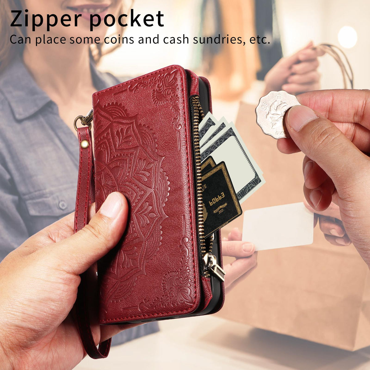 Compatible with iPhone 18 Pro & 17 Pro Mandala Embossed 9-Card Zipper RFID Vegan Leather Phone Case with Short Lanyard - Wine Red