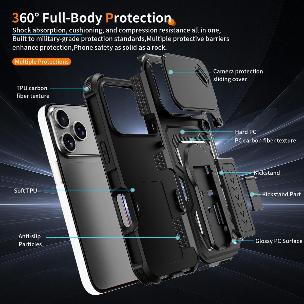 Compatible with iPhone 18 Pro Max Slid Camera Shield Invisible Holder PC Dual-Layer TPU Phone Case - Black