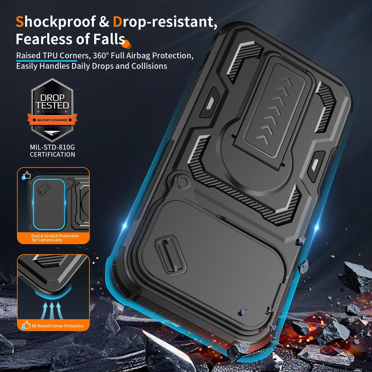 Compatible with iPhone 18 Pro Max Slid Camera Shield Invisible Holder PC Dual-Layer TPU Phone Case - Black