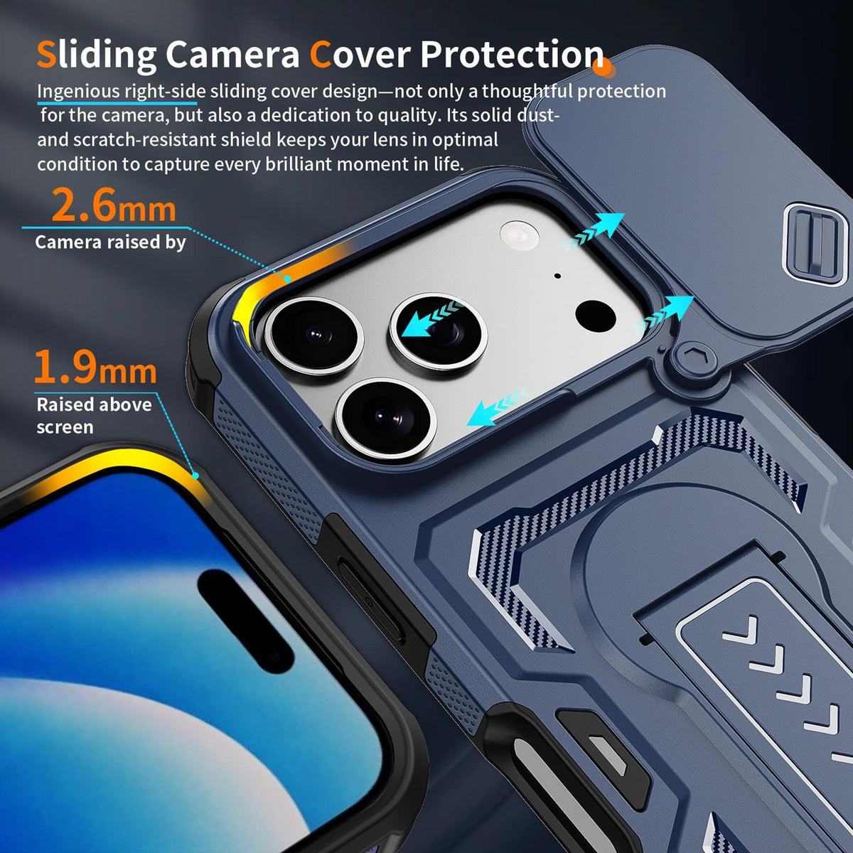 Compatible with iPhone 18 Pro Max Slid Camera Shield Invisible Holder PC Dual-Layer TPU Phone Case - Blue