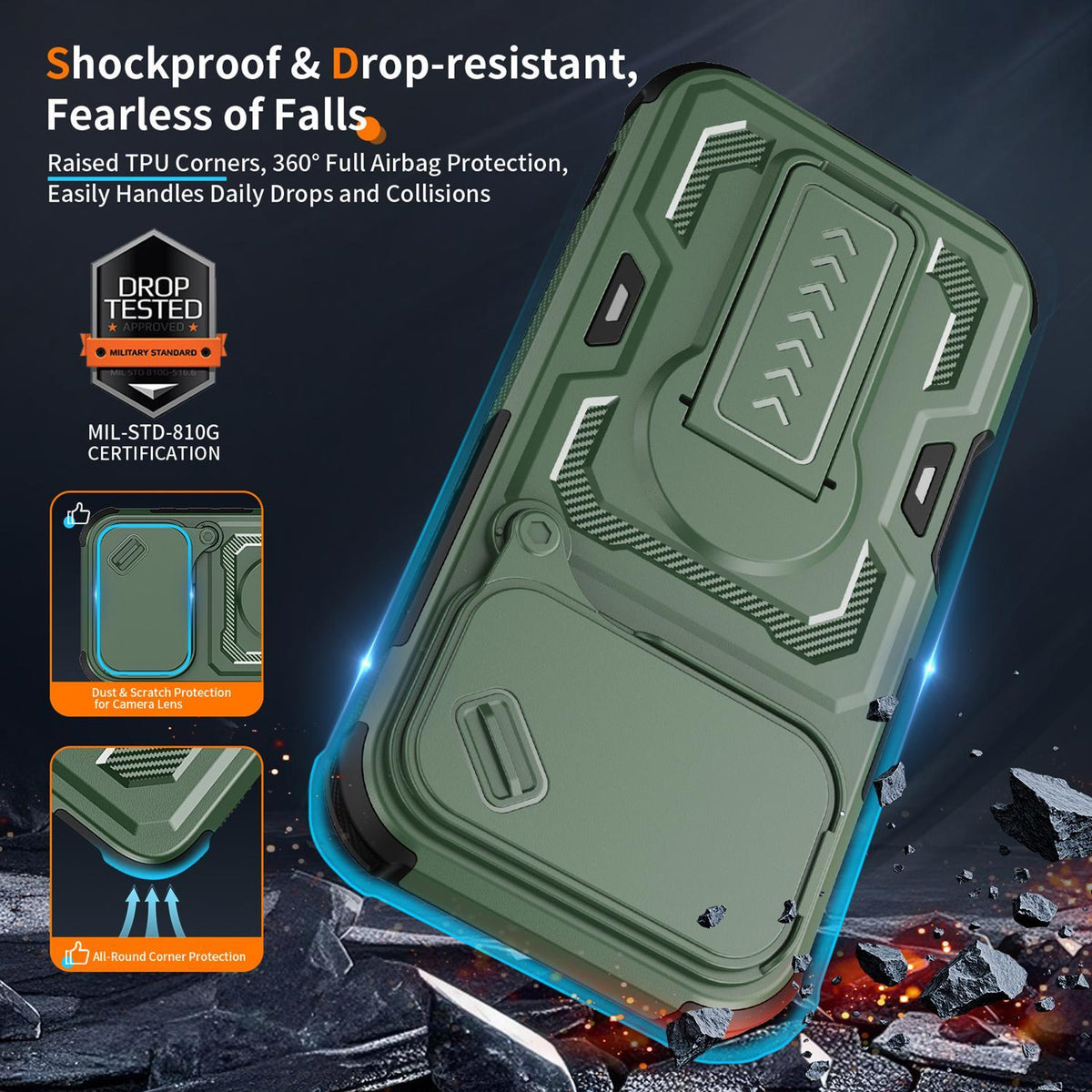Compatible with iPhone 18 Pro Max Slid Camera Shield Invisible Holder PC Dual-Layer TPU Phone Case - Green
