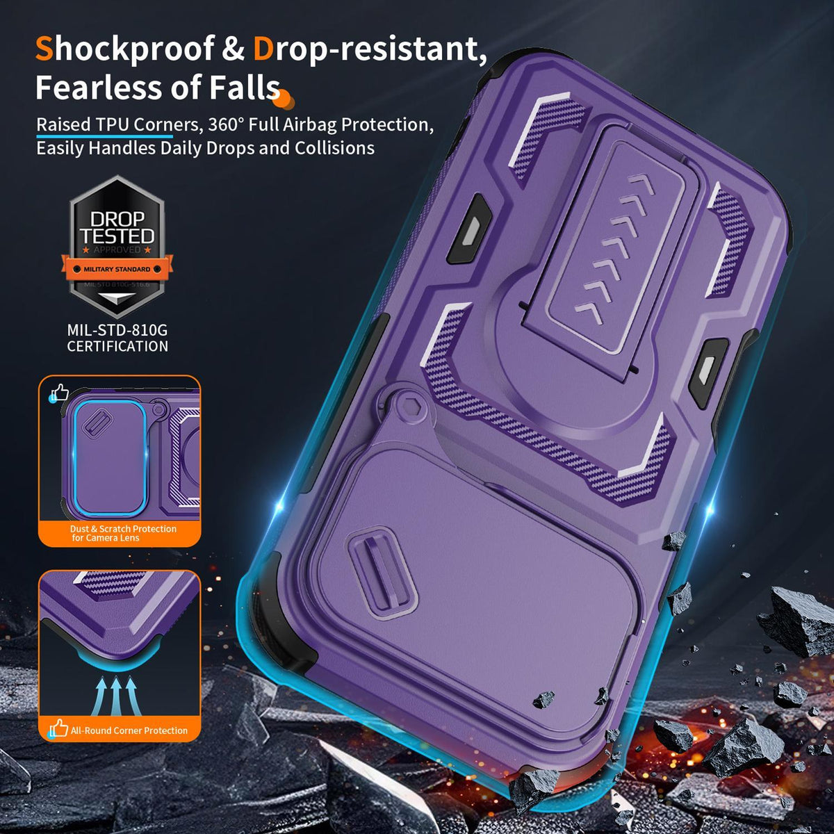 Compatible with iPhone 18 Pro Max Slid Camera Shield Invisible Holder PC Dual-Layer TPU Phone Case - Purple