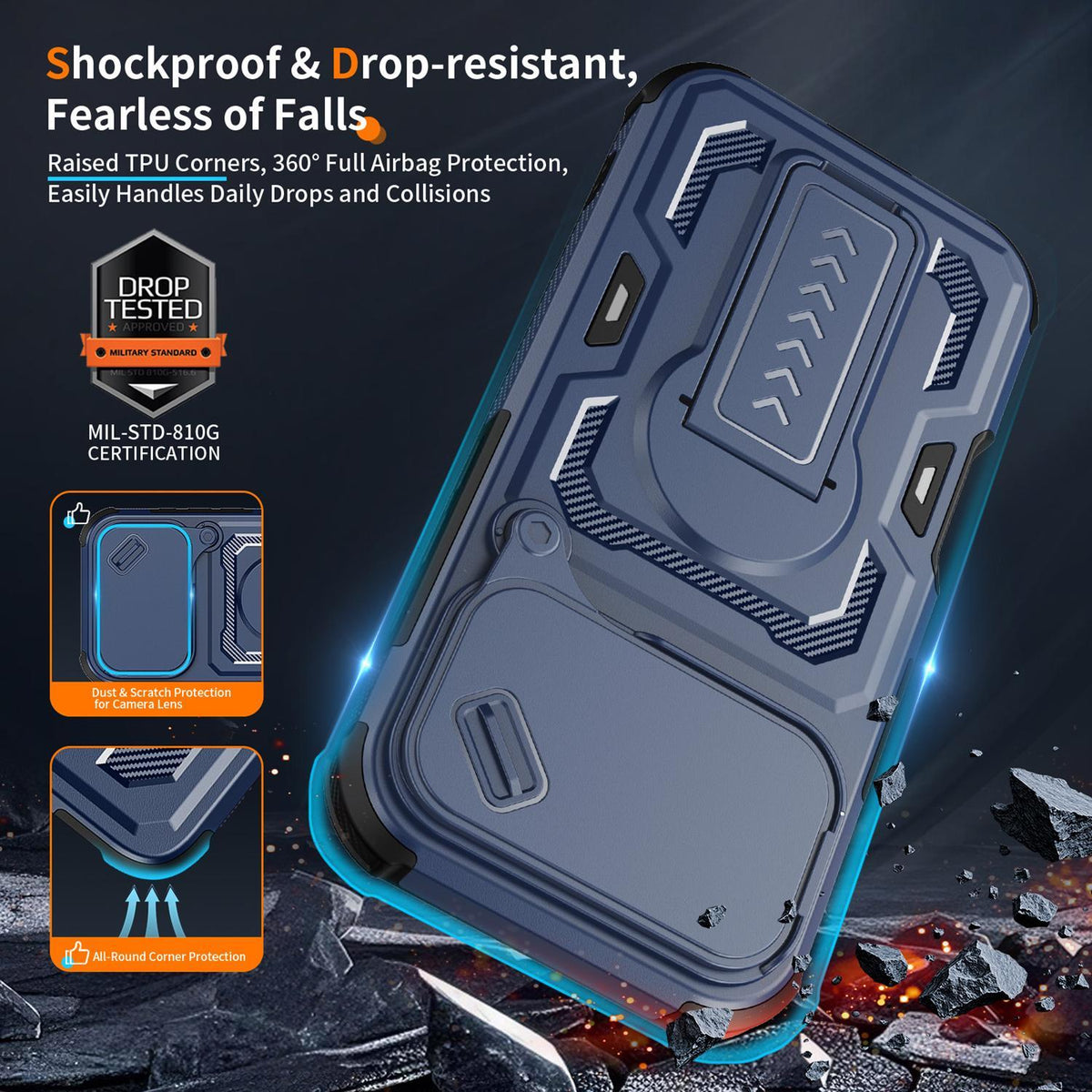 Compatible with iPhone 18 Pro Slid Camera Shield Invisible Holder PC Dual-Layer TPU Phone Case - Blue