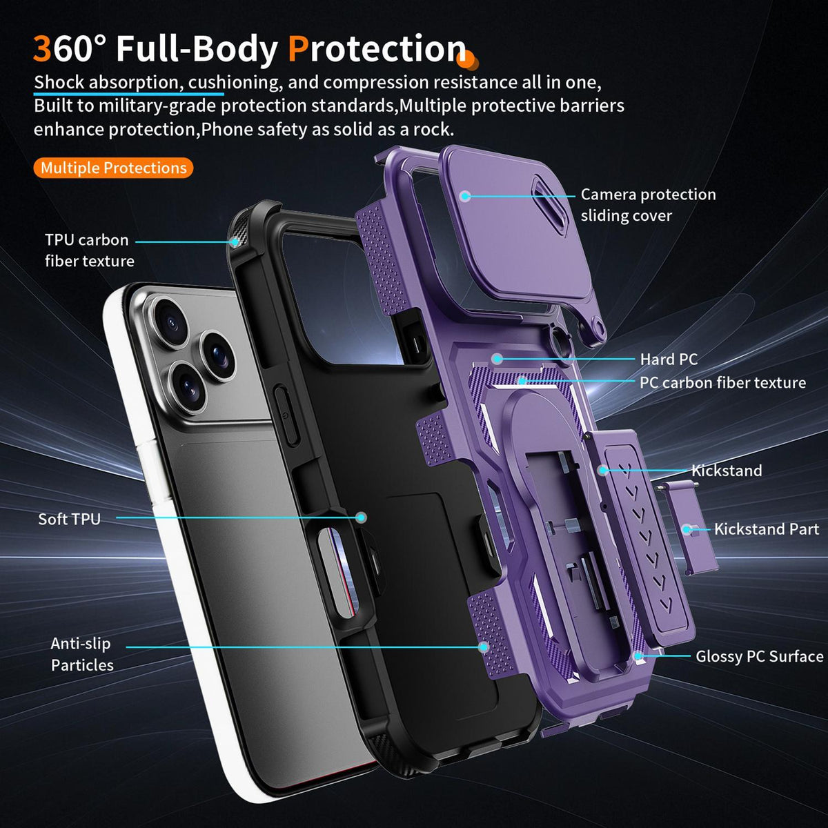 Compatible with iPhone 18 Pro Slid Camera Shield Invisible Holder PC Dual-Layer TPU Phone Case - Purple
