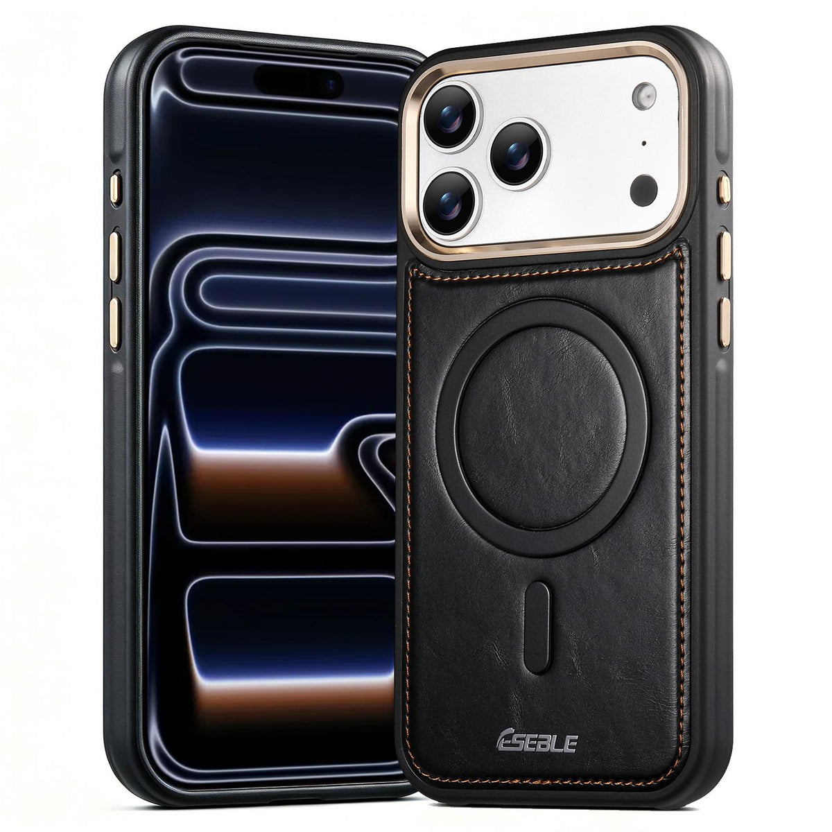 Compatible with iPhone 18 Pro Max & 17 Pro Max ESEBLE Crazy Horse Pattern Airbag Shockproof Magnetic Phone Case - Black