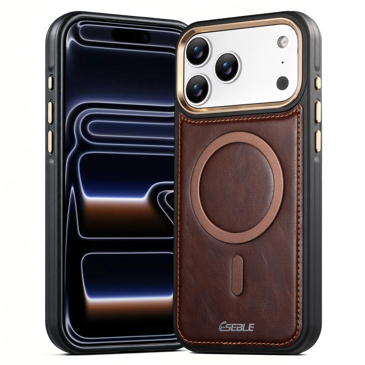 Compatible with iPhone 18 Pro Max & 17 Pro Max ESEBLE Crazy Horse Pattern Airbag Shockproof Magnetic Phone Case - Coffee