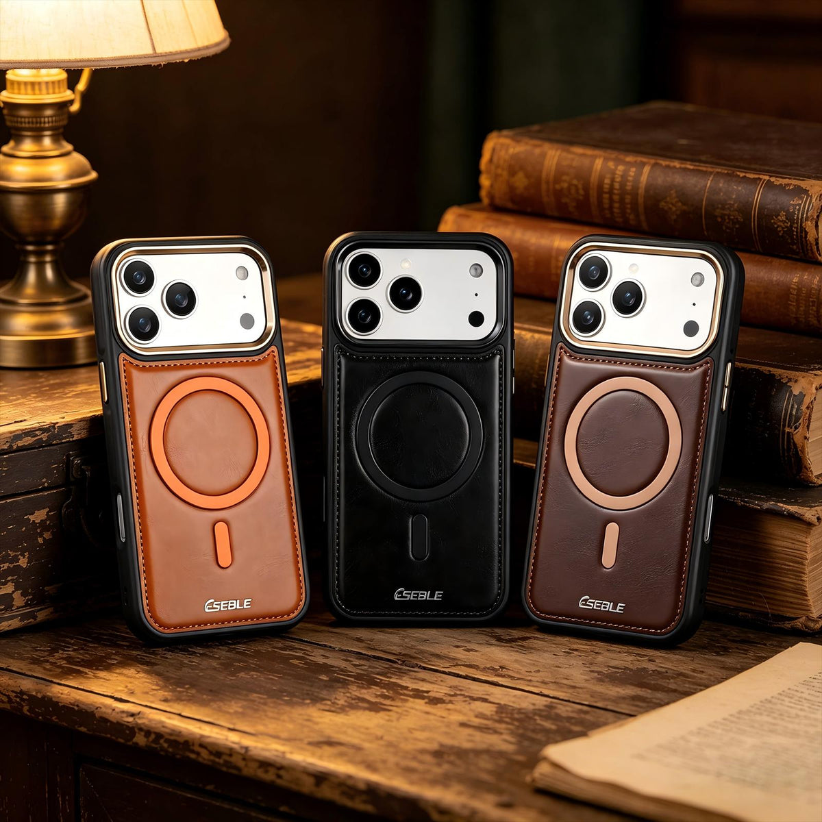 Compatible with iPhone 18 Pro Max & 17 Pro Max ESEBLE Crazy Horse Pattern Airbag Shockproof Magnetic Phone Case - Coffee