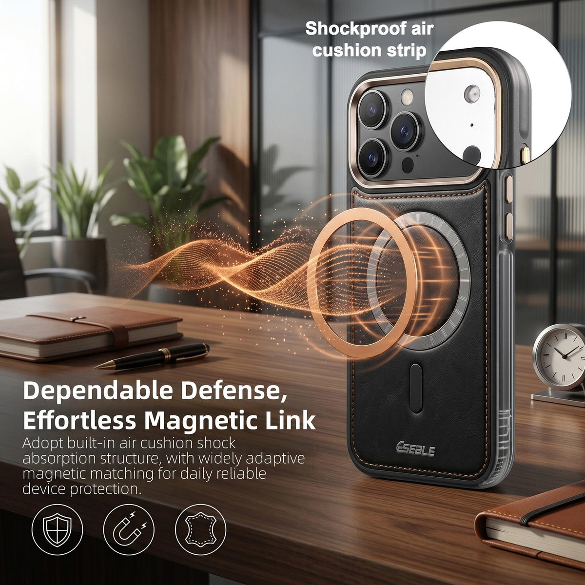 Compatible with iPhone 18 Pro Max & 17 Pro Max ESEBLE Crazy Horse Pattern Airbag Shockproof Magnetic Phone Case - Brown