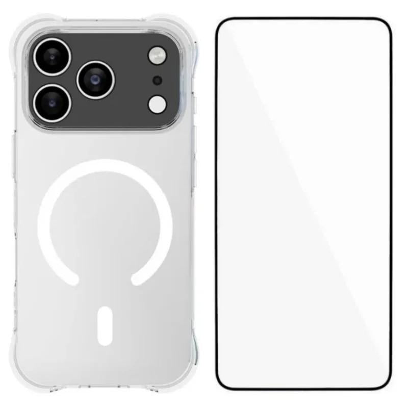 Compatible with iPhone 18 Pro Max WANLONFENG Transparent Magnetic Four-Corner Shockproof TPU Phone Case with Screen Film - Transparent