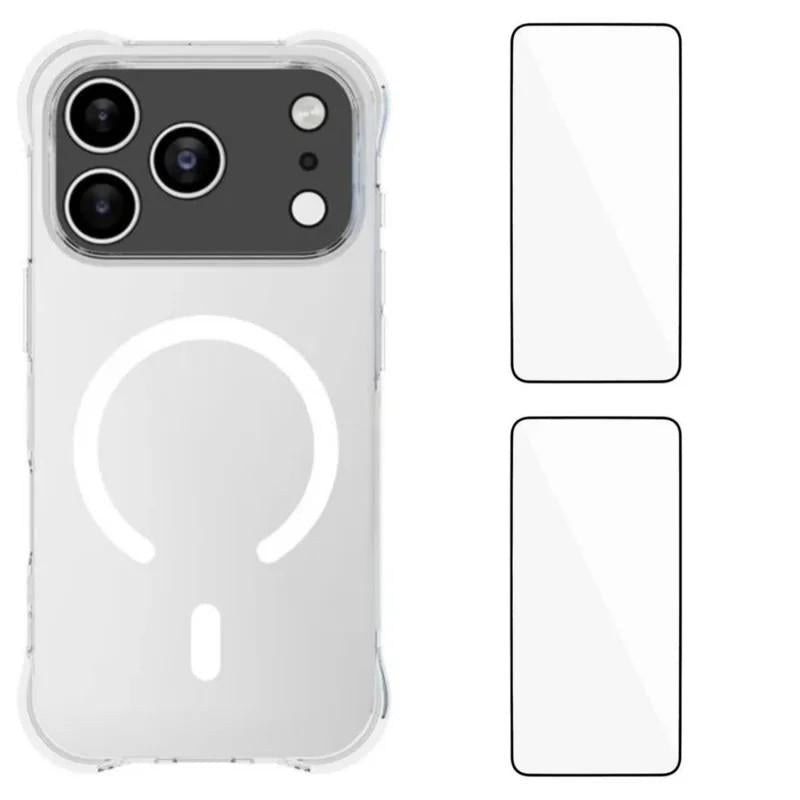 Compatible with iPhone 18 Pro Max WANLONFENG Transparent Magnetic Four-Corner Shockproof TPU Phone Case with 2pcs Screen Films - Transparent