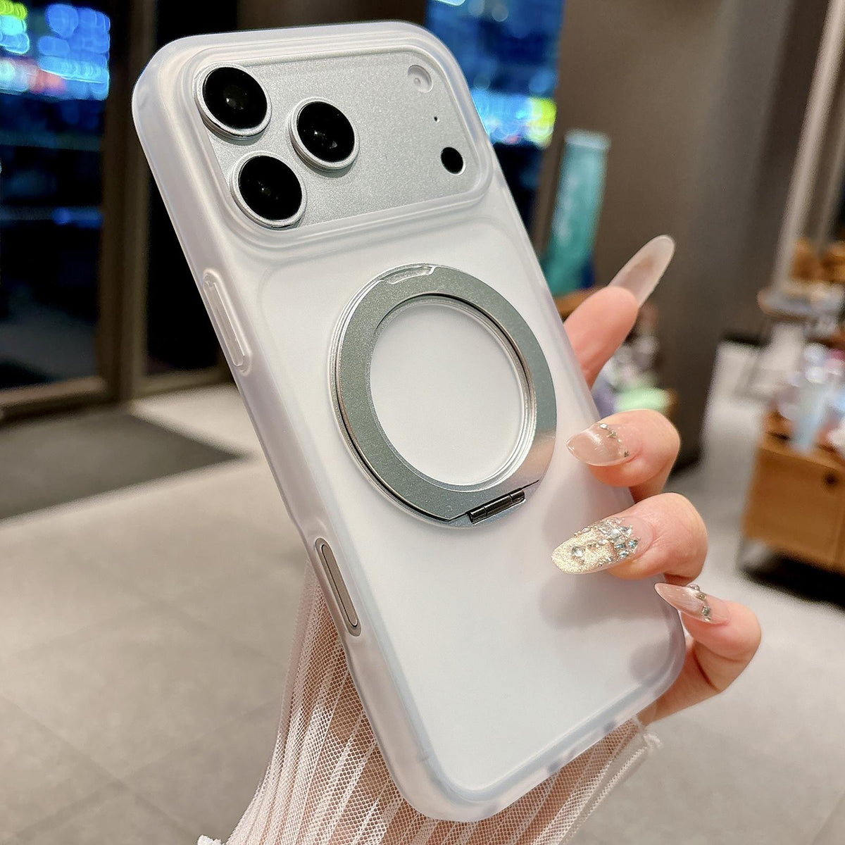 Compatible with iPhone 18 Pro Max Skin Feel 360 Degrees Rotating Holder PC Dual-Layer TPU Magnetic Phone Case - White
