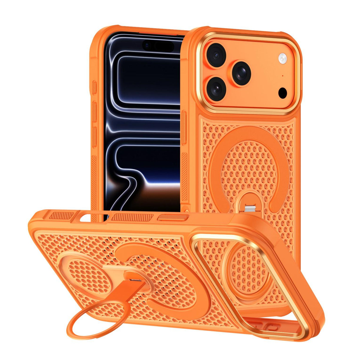 Compatible with iPhone 18 Pro Max Colorful Hollowed Cooling 360 Degree Rotation Ring Holder Magnetic Phone Case - Orange