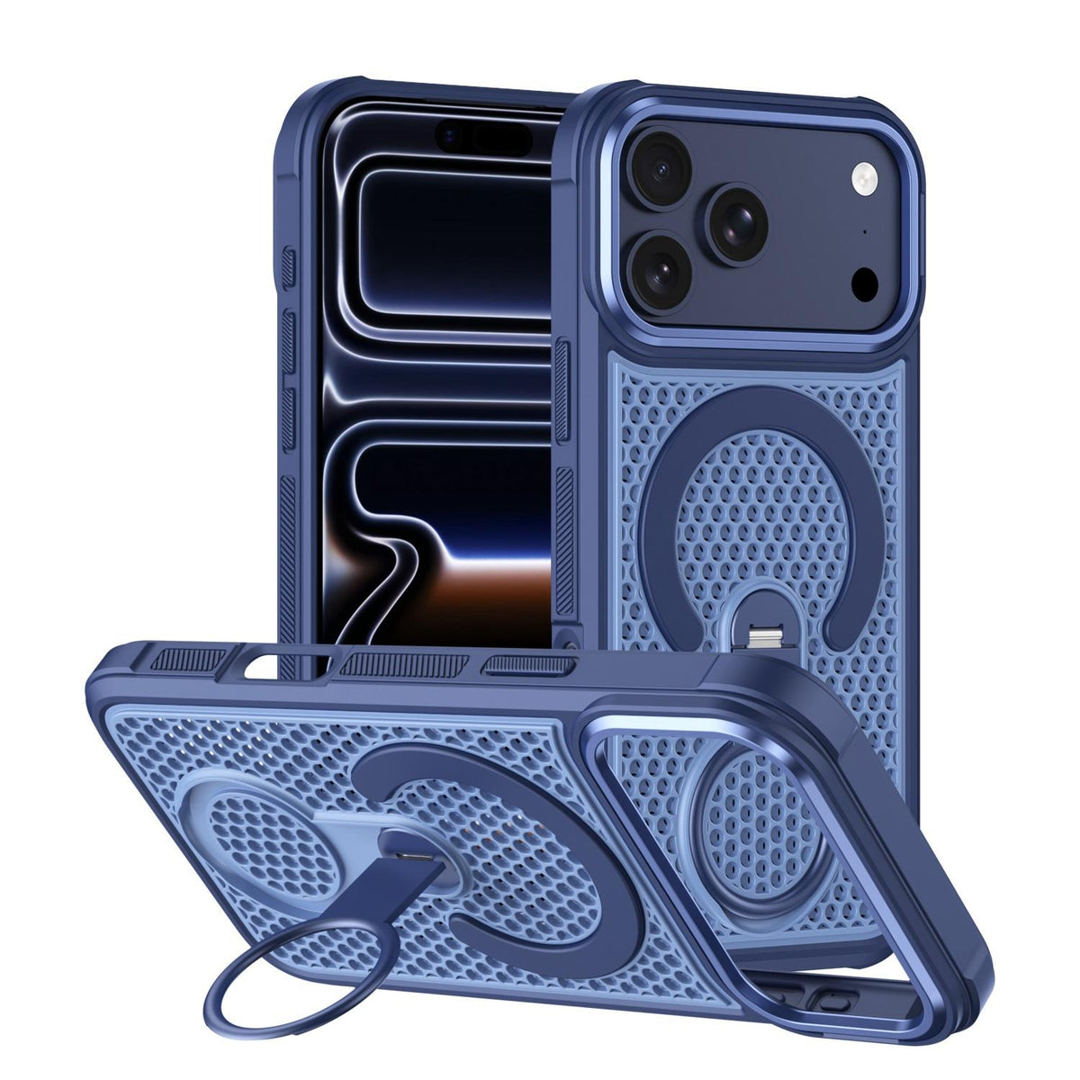 Compatible with iPhone 18 Pro Max Colorful Hollowed Cooling 360 Degree Rotation Ring Holder Magnetic Phone Case - Blue
