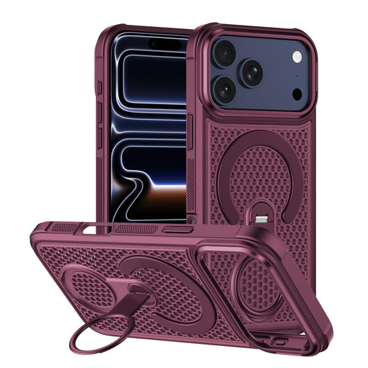 Compatible with iPhone 18 Pro Max Colorful Hollowed Cooling 360 Degree Rotation Ring Holder Magnetic Phone Case - Wine Red