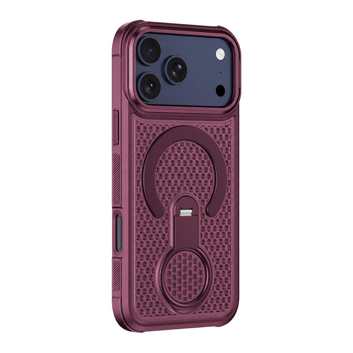 Compatible with iPhone 18 Pro Max Colorful Hollowed Cooling 360 Degree Rotation Ring Holder Magnetic Phone Case - Wine Red