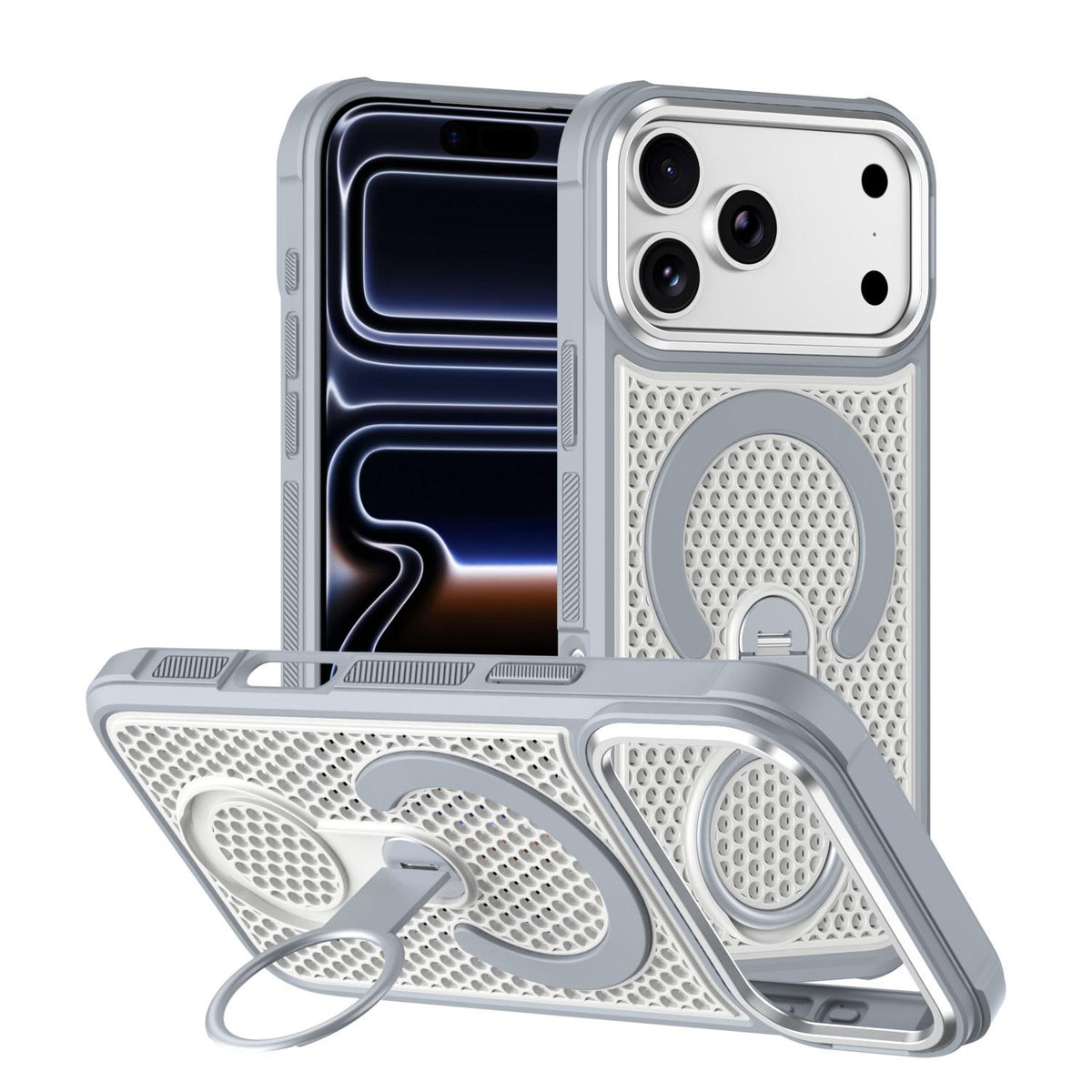 Compatible with iPhone 18 Pro Colorful Hollowed Cooling 360 Degree Rotation Ring Holder Magnetic Phone Case - White