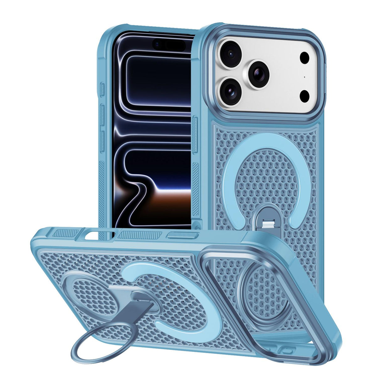 Compatible with iPhone 18 Pro Colorful Hollowed Cooling 360 Degree Rotation Ring Holder Magnetic Phone Case - Light Blue