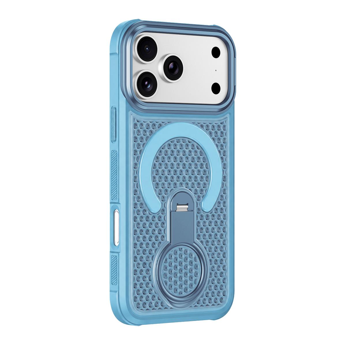 Compatible with iPhone 18 Pro Colorful Hollowed Cooling 360 Degree Rotation Ring Holder Magnetic Phone Case - Light Blue