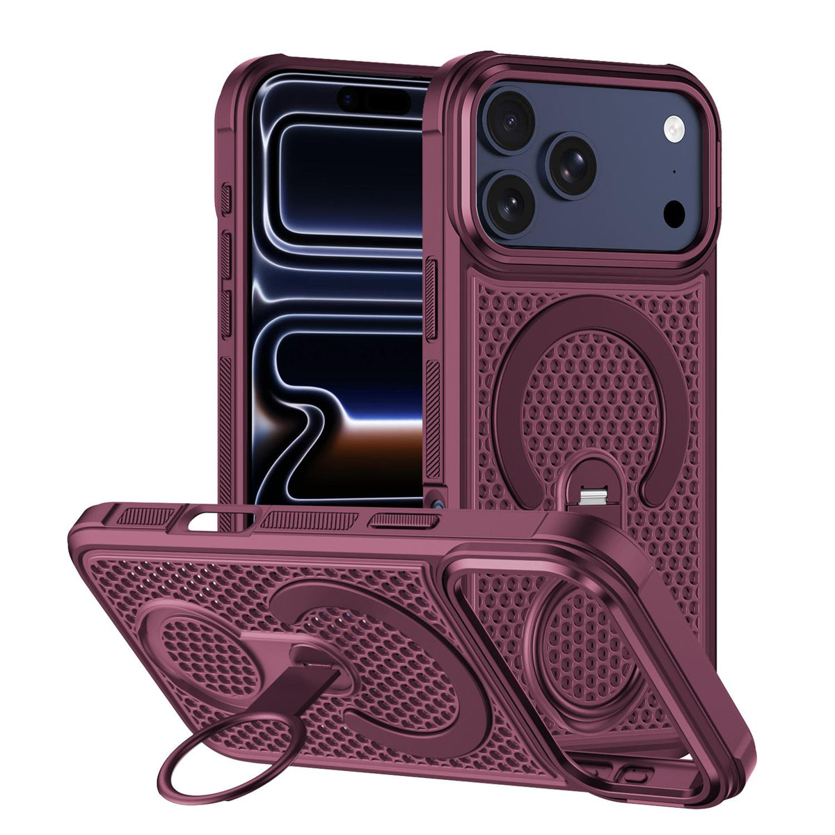Compatible with iPhone 18 Pro Colorful Hollowed Cooling 360 Degree Rotation Ring Holder Magnetic Phone Case - Wine Red