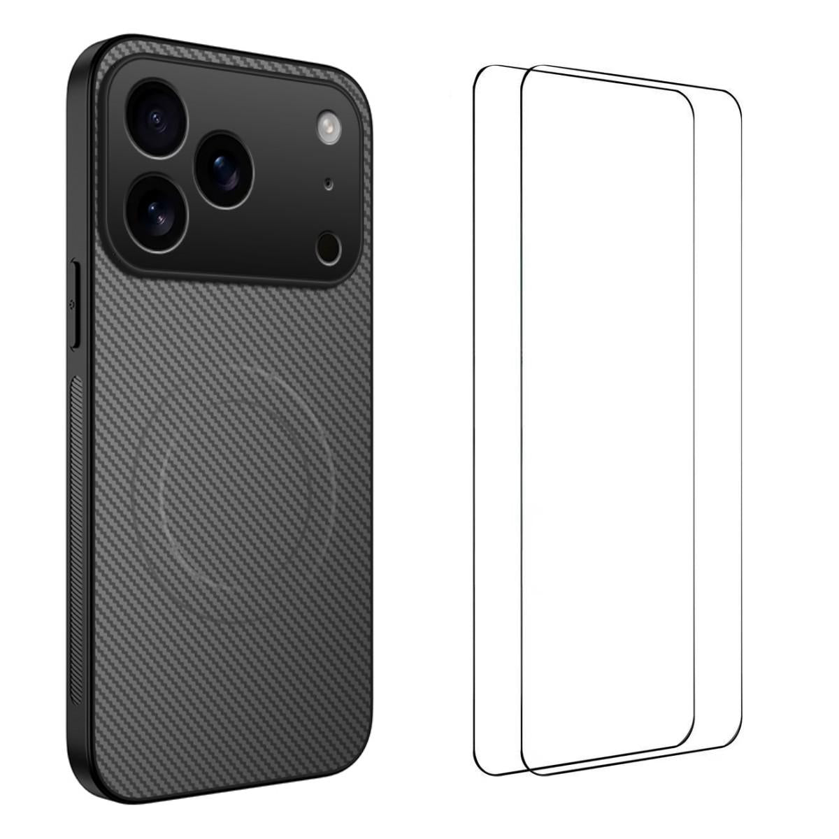 Compatible with iPhone 18 Pro WANLONFENG TQ1 Series Magnetic Carbon Fiber Texture Phone Case with 2pcs Screen Films - Grey