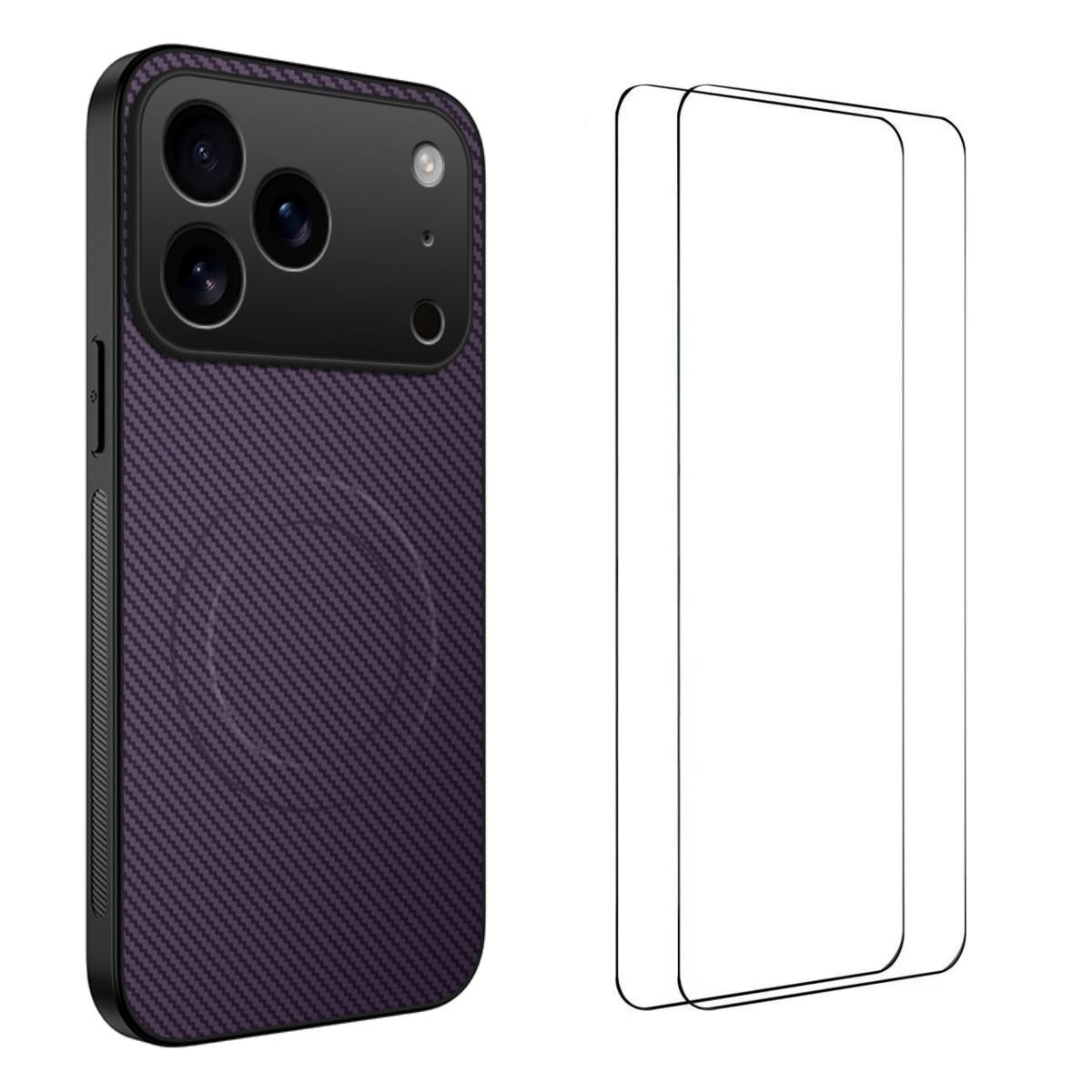 Compatible with iPhone 18 Pro WANLONFENG TQ1 Series Magnetic Carbon Fiber Texture Phone Case with 2pcs Screen Films - Purple