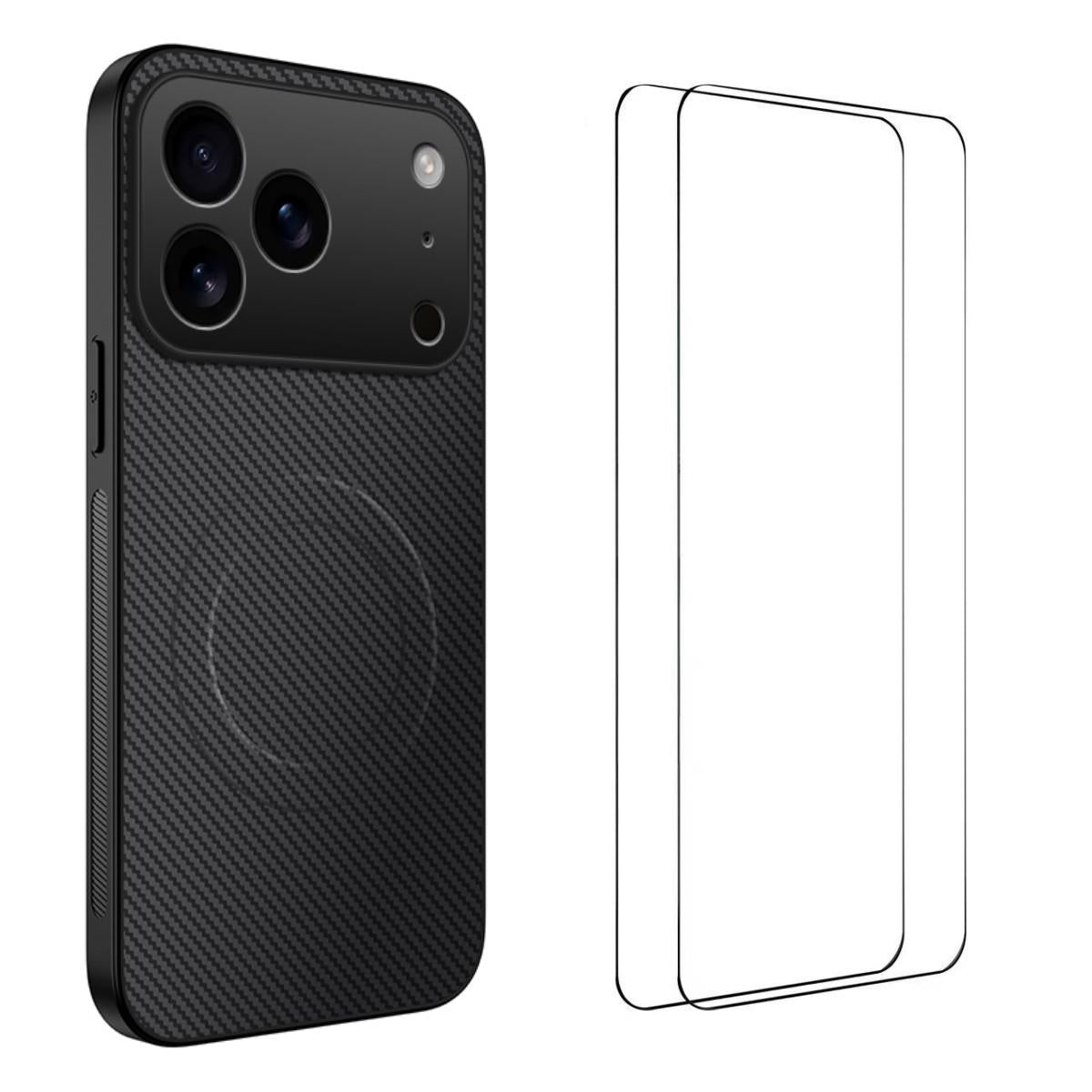 Compatible with iPhone 18 Pro Max WANLONFENG TQ1 Series Magnetic Carbon Fiber Texture Phone Case with 2pcs Screen Films - Black