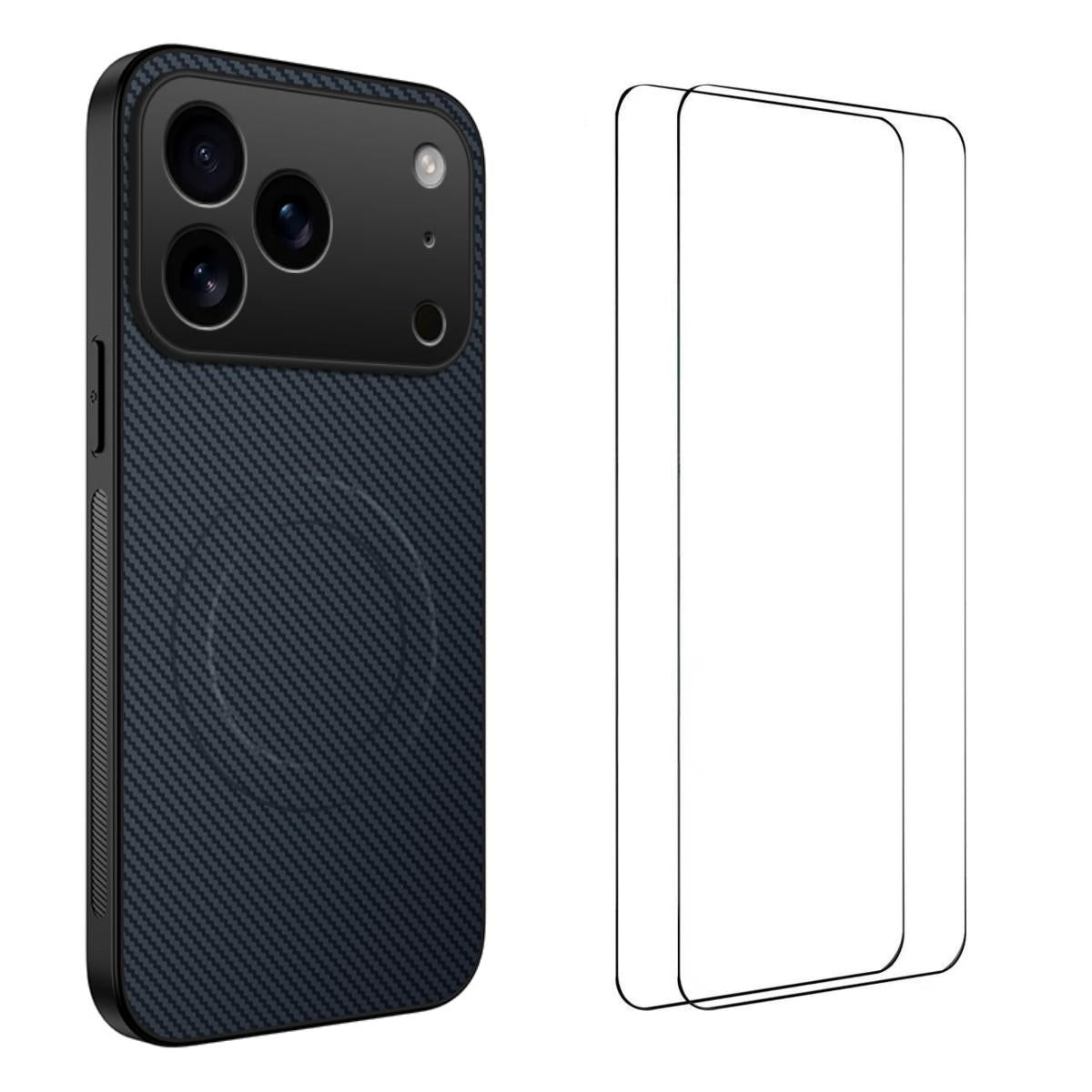 Compatible with iPhone 18 Pro Max WANLONFENG TQ1 Series Magnetic Carbon Fiber Texture Phone Case with 2pcs Screen Films - Sapphire Blue