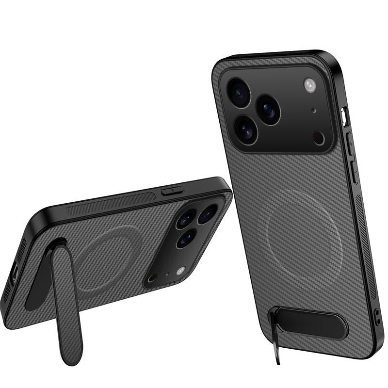Compatible with iPhone 18 Pro WANLONFENG Kickstand Carbon Fiber Texture Magnetic Phone Case - Grey