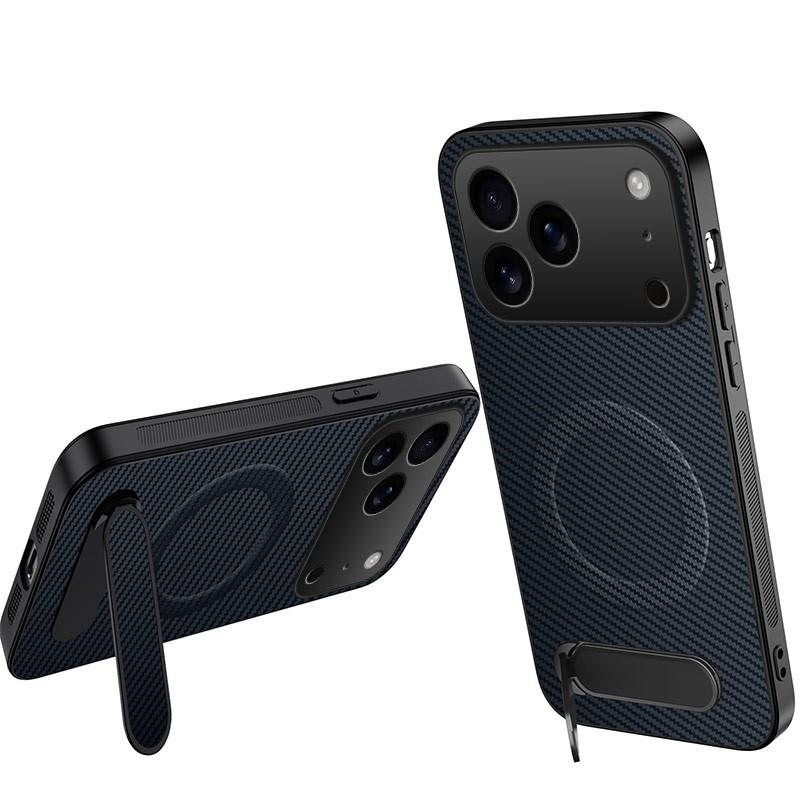 Compatible with iPhone 18 Pro Max WANLONFENG Kickstand Carbon Fiber Texture Magnetic Phone Case - Sapphire Blue