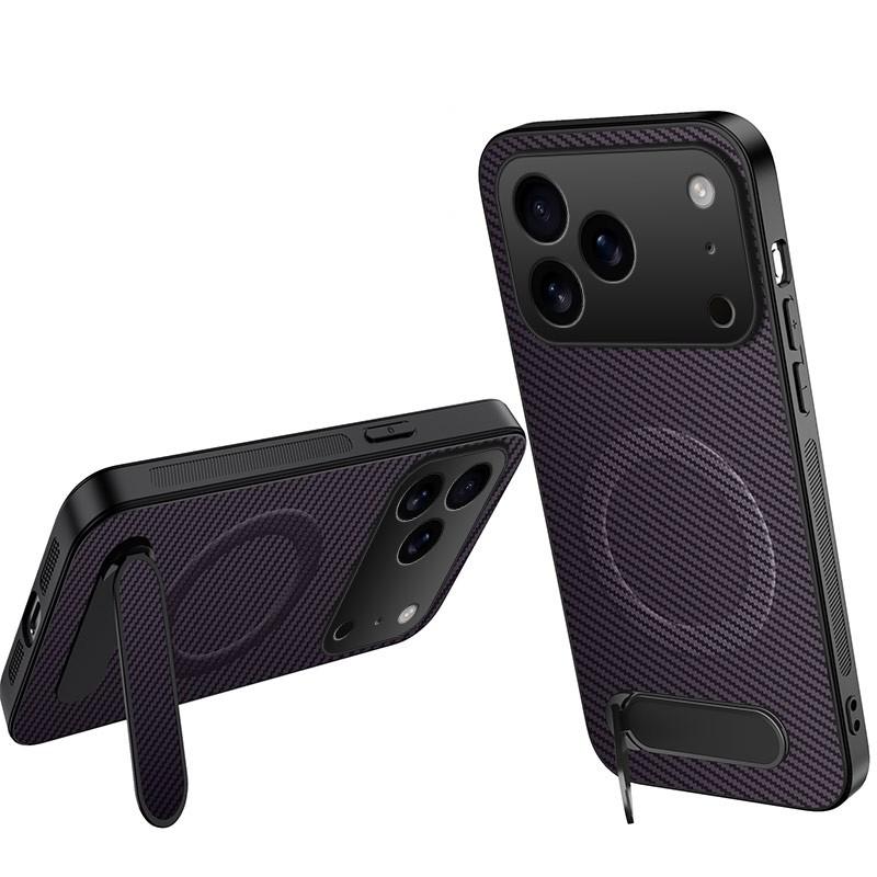Compatible with iPhone 18 Pro Max WANLONFENG Kickstand Carbon Fiber Texture Magnetic Phone Case - Purple