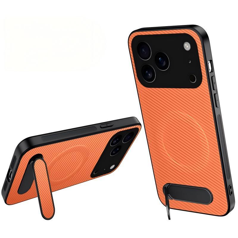 Compatible with iPhone 18 Pro Max WANLONFENG Kickstand Carbon Fiber Texture Magnetic Phone Case - Orange