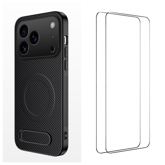 Compatible with iPhone 18 Pro Max WANLONFENG Kickstand Carbon Fiber Texture Magnetic Phone Case with 2pcs Screen Films - Black