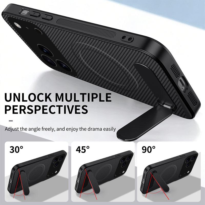 Compatible with iPhone 18 Pro Max WANLONFENG Kickstand Carbon Fiber Texture Magnetic Phone Case with 2pcs Screen Films - Black