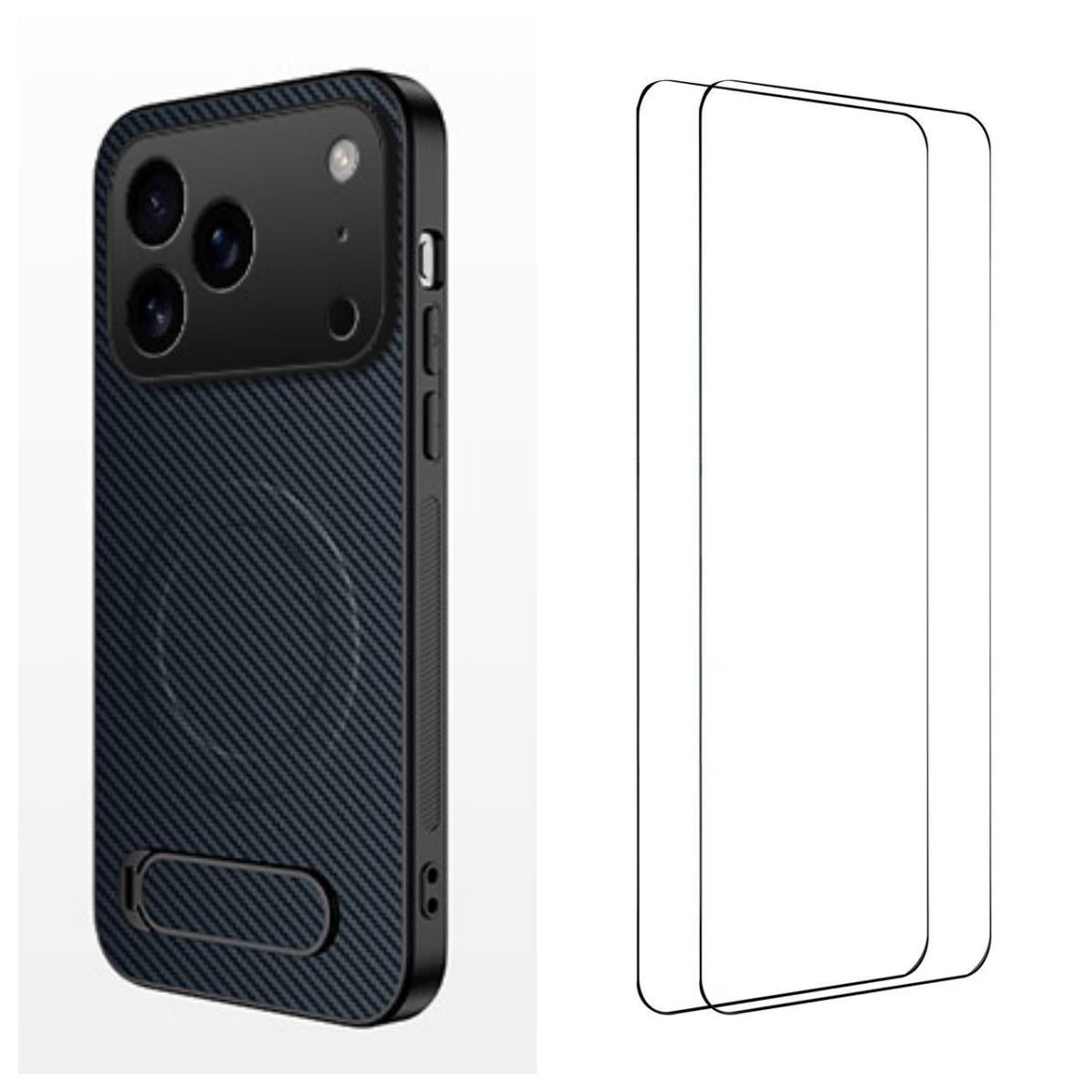 Compatible with iPhone 18 Pro Max WANLONFENG Kickstand Carbon Fiber Texture Magnetic Phone Case with 2pcs Screen Films - Sapphire Blue