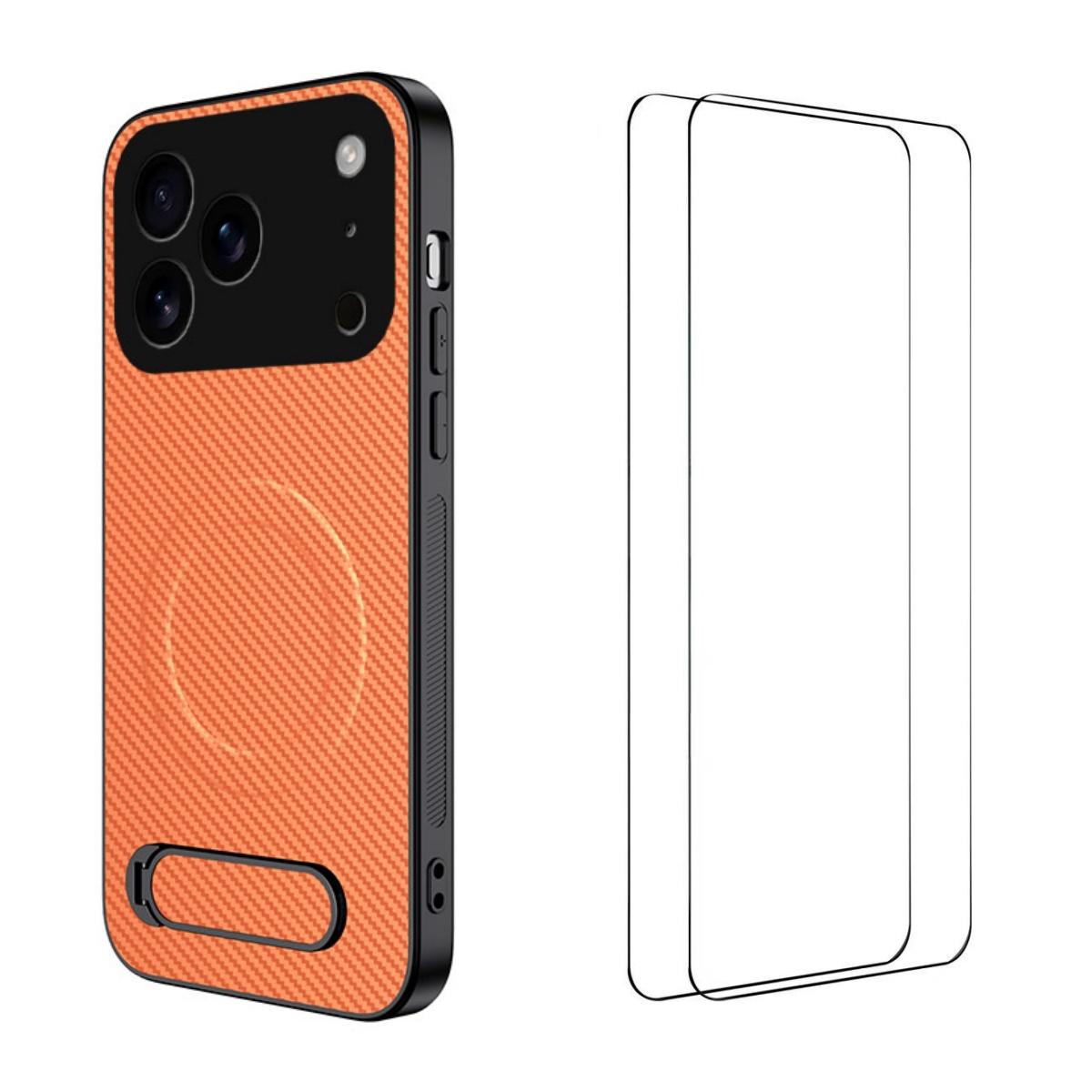 Compatible with iPhone 18 Pro Max WANLONFENG Kickstand Carbon Fiber Texture Magnetic Phone Case with 2pcs Screen Films - Orange
