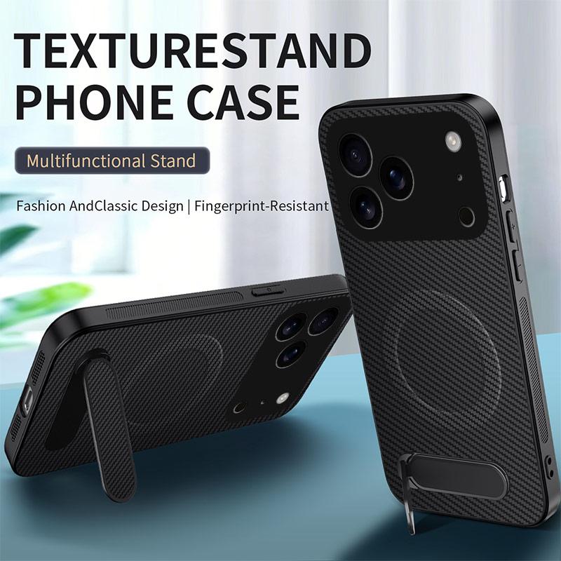 Compatible with iPhone 18 Pro Max WANLONFENG Kickstand Carbon Fiber Texture Magnetic Phone Case with 2pcs Screen Films - Orange