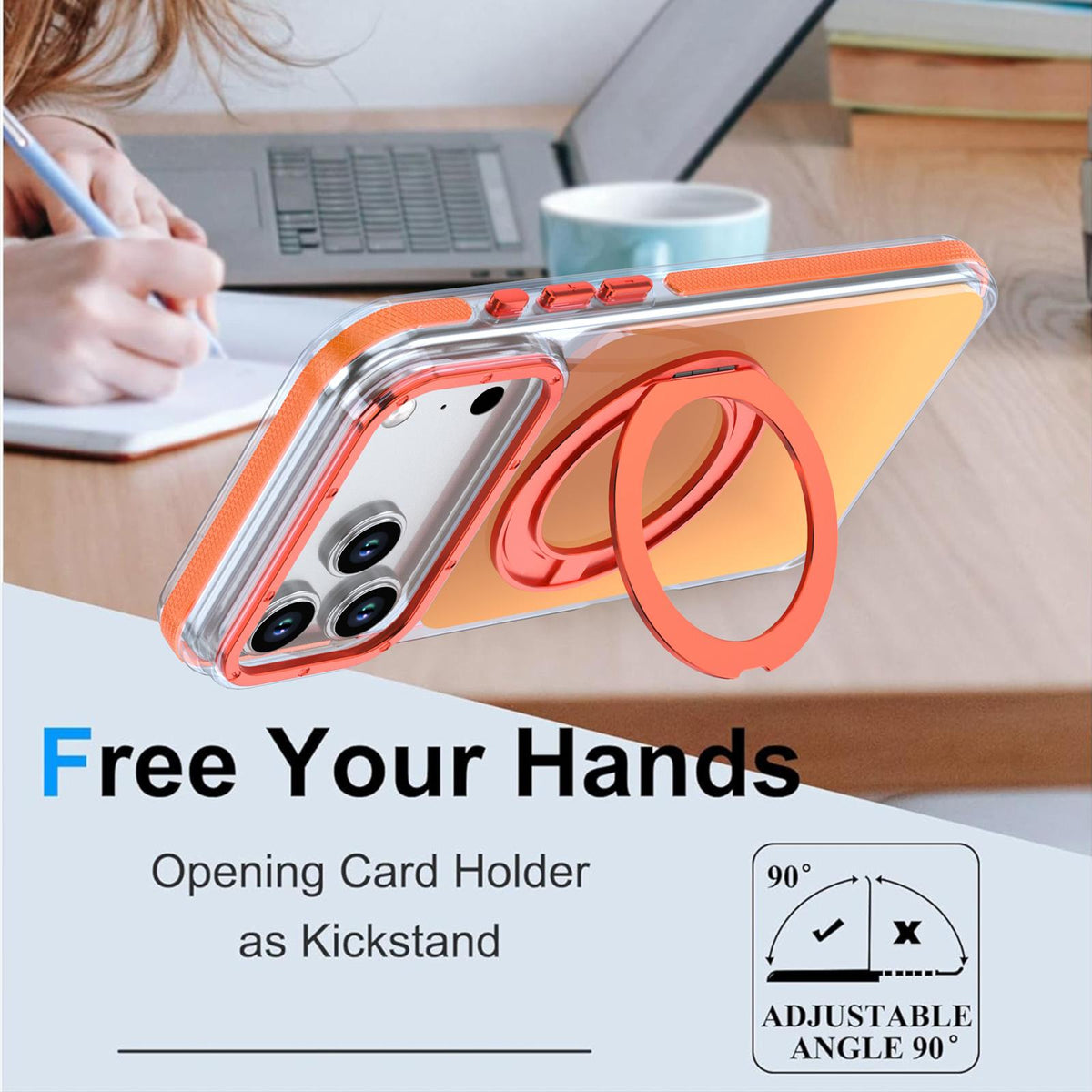 Compatible with iPhone 18 Pro Max Dual Color Gradient Discolor 360 Degree Rotation Holder Magnetic Phone Case - Orange