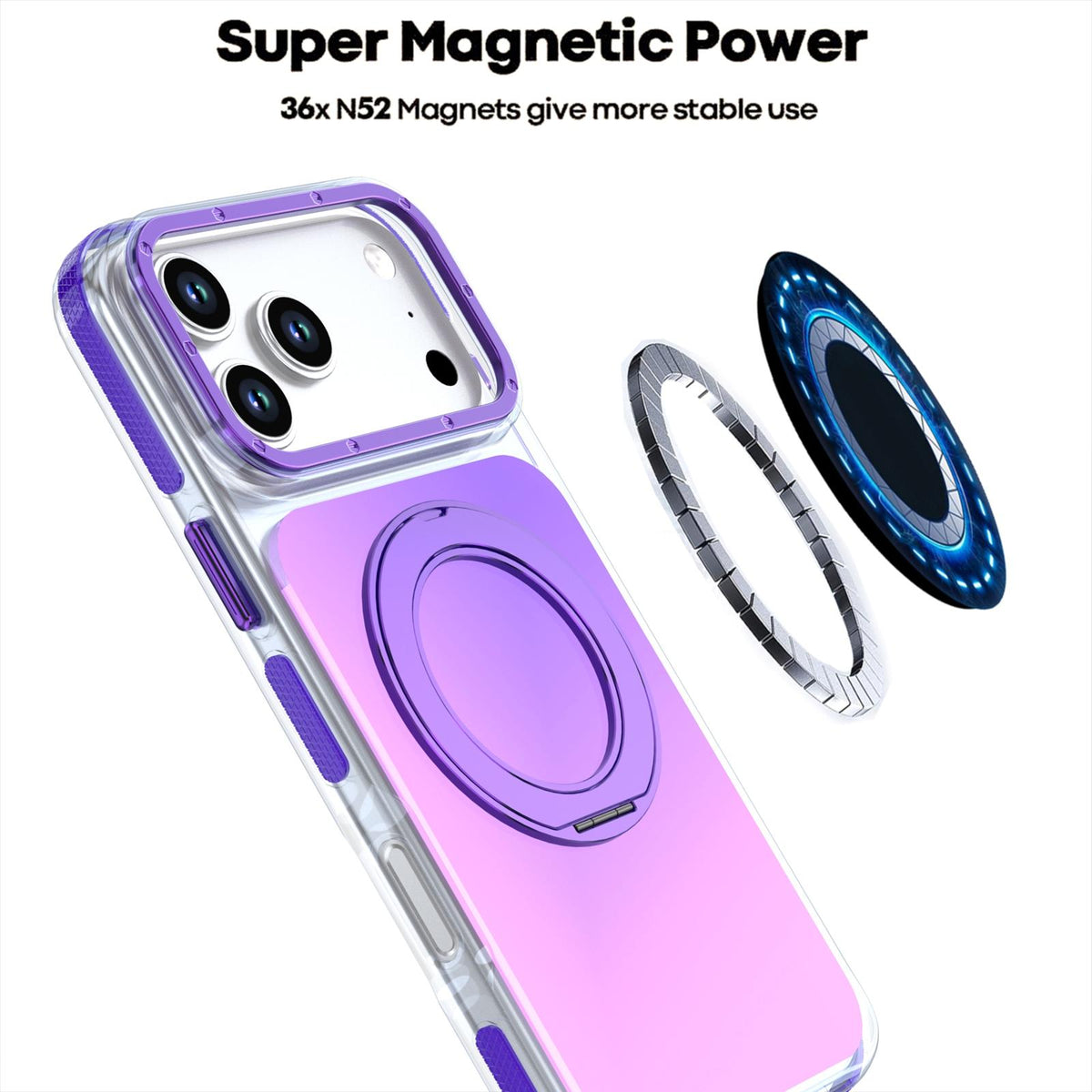 Compatible with iPhone 18 Pro Max Dual Color Gradient Discolor 360 Degree Rotation Holder Magnetic Phone Case - Purple