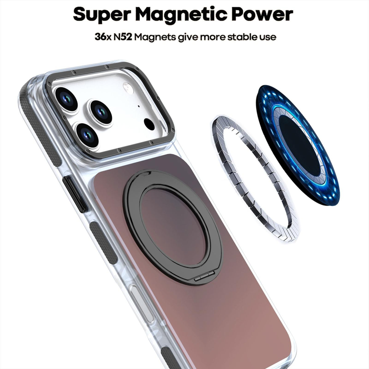 Compatible with iPhone 18 Pro Dual Color Gradient Discolor 360 Degree Rotation Holder Magnetic Phone Case - Black