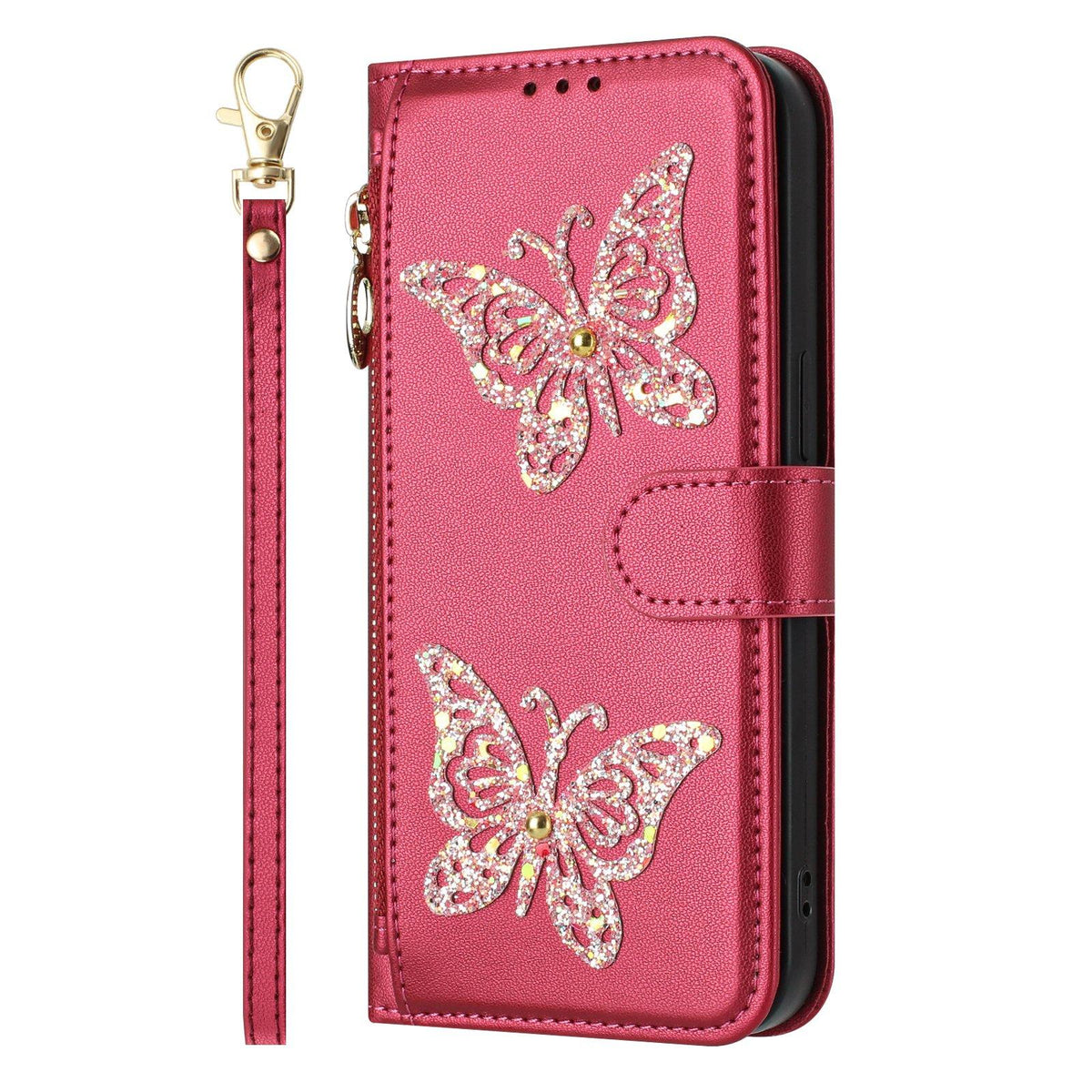 Compatible with iPhone 18 Pro Max & 17 Pro Max Glitter Butterfly Zipper Vegan Leather Phone Case with Wrist Strap - Rose Red