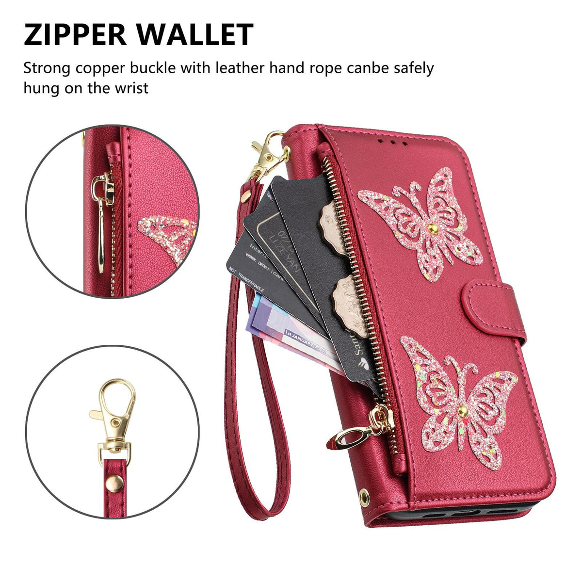 Compatible with iPhone 18 Pro Max & 17 Pro Max Glitter Butterfly Zipper Vegan Leather Phone Case with Wrist Strap - Rose Red