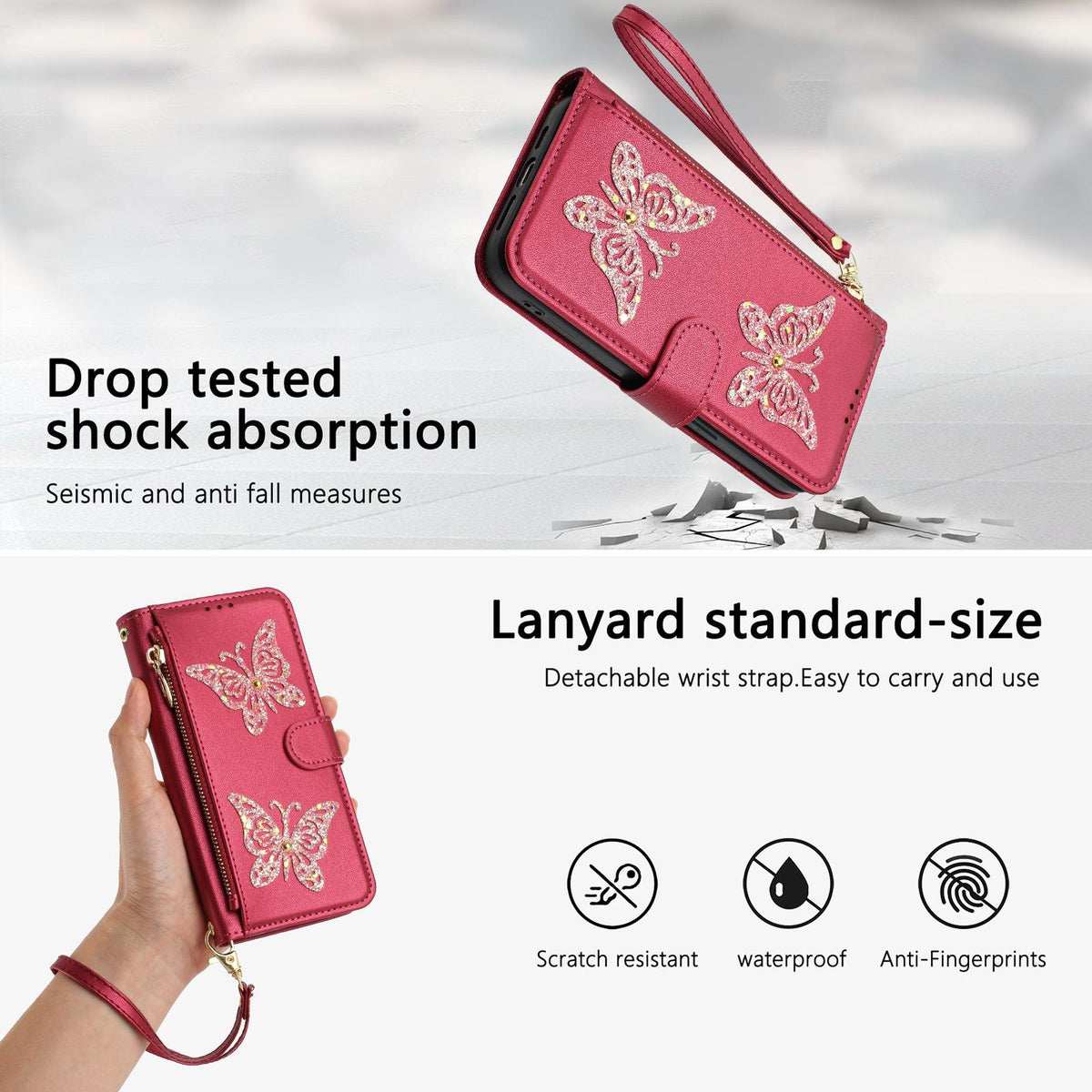 Compatible with iPhone 18 Pro Max & 17 Pro Max Glitter Butterfly Zipper Vegan Leather Phone Case with Wrist Strap - Rose Red