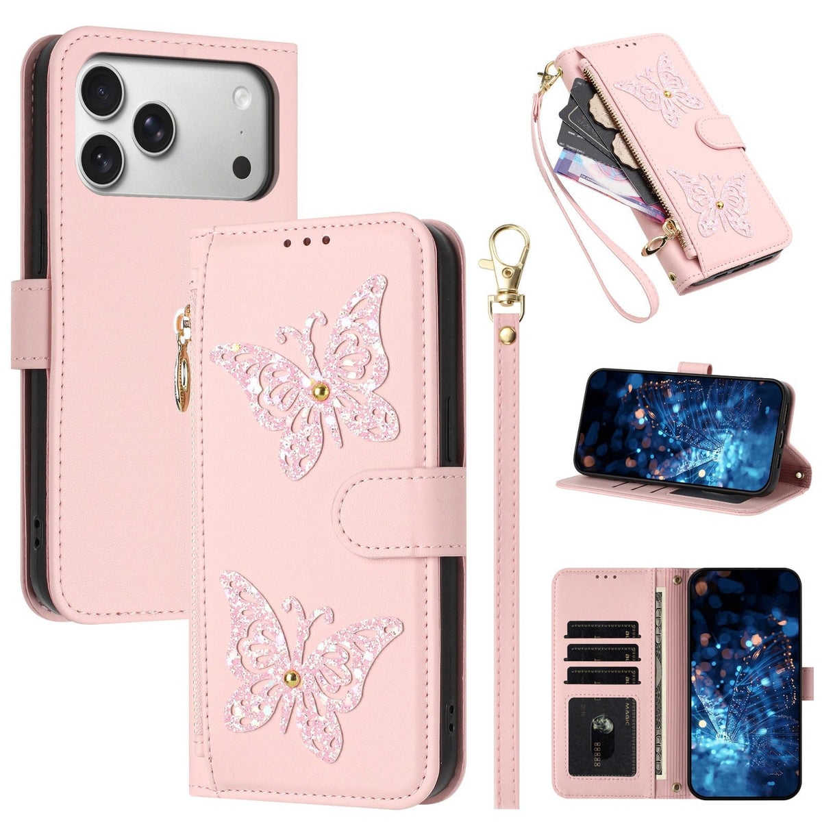 Compatible with iPhone 18 Pro Max & 17 Pro Max Glitter Butterfly Zipper Vegan Leather Phone Case with Wrist Strap - Pink