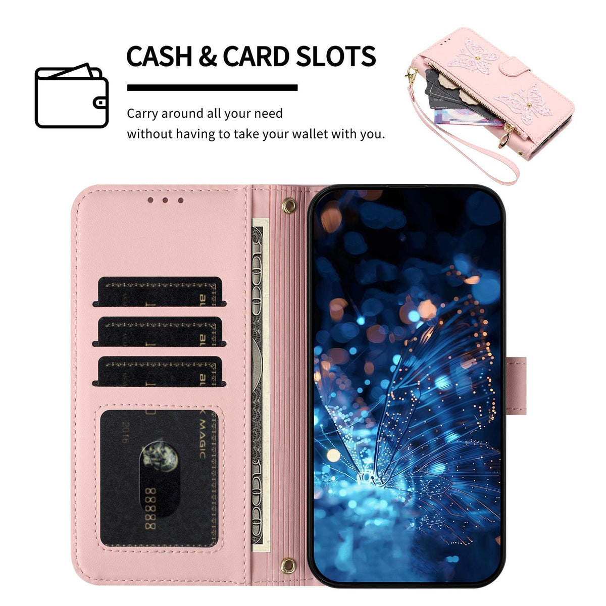 Compatible with iPhone 18 Pro Max & 17 Pro Max Glitter Butterfly Zipper Vegan Leather Phone Case with Wrist Strap - Pink