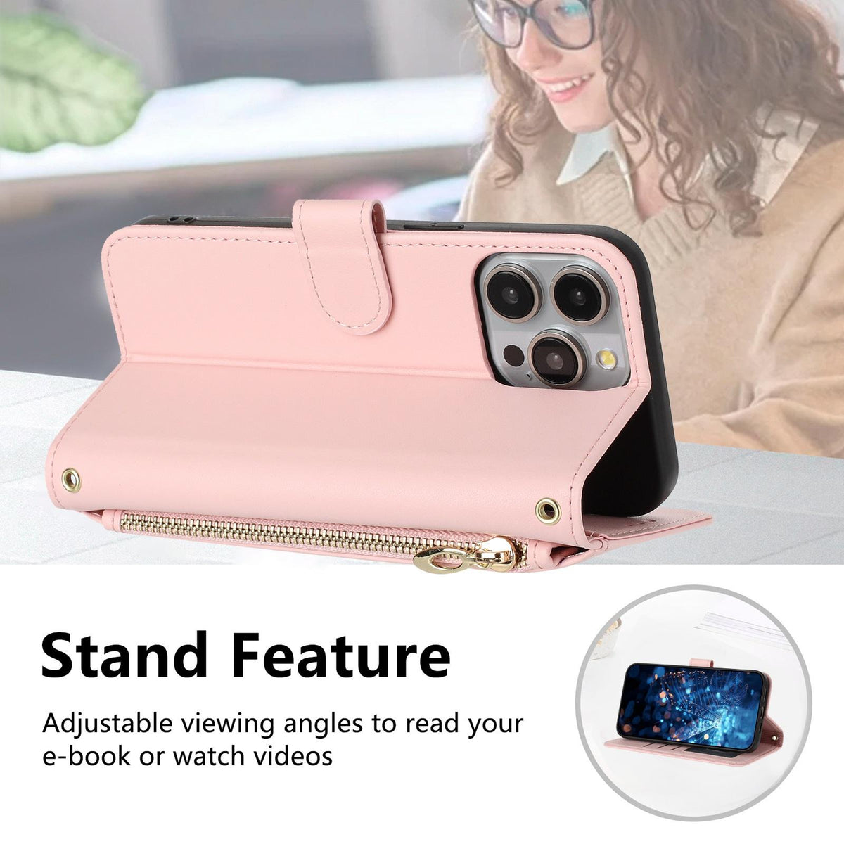 Compatible with iPhone 18 Pro Max & 17 Pro Max Glitter Butterfly Zipper Vegan Leather Phone Case with Wrist Strap - Pink